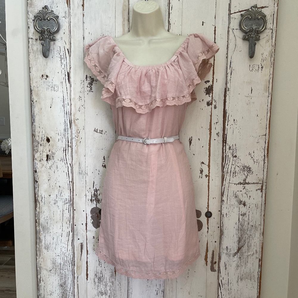 New Look Size Small Woman's Pink On/Off Shoulder Ruffle Lace Trim Dress